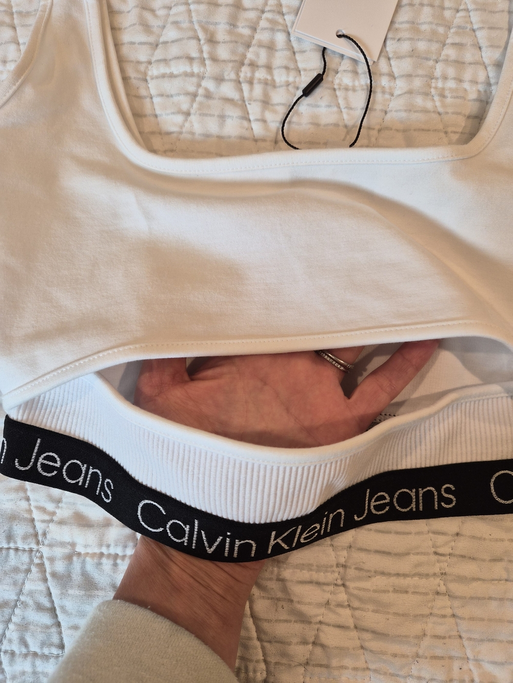 Calvin Klein White Cutout Scoop Crop Tank with Branded Band - Picture 4 of 5